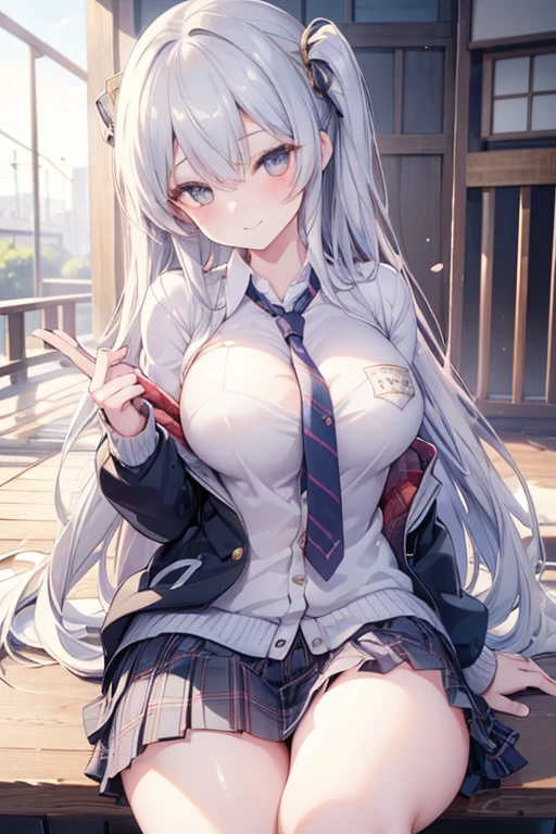 (best quality, masterpiece, ultra-detailed, perfect pixels), (UHD, RTX, 4k wallpaper, japanese anime, CG smooth, textured skin, realistic texture, natural light), 1girl, rio, seductive, busty, perfect body, bangs, long hair, gray hair,gold eyes,blushing face (close-up, pov, dynamic pose), sly smile, beautiful smile, nipslip, medium breasts, blush, (school uniform, jacket, necktie, cardigan, plaid skirt), outdoor, amusement park, leaning forward