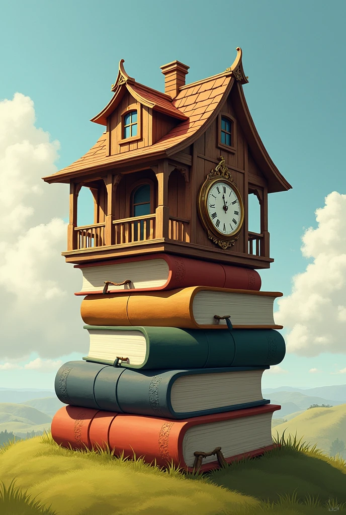 Bahay na naka patung sa libro na may orasan