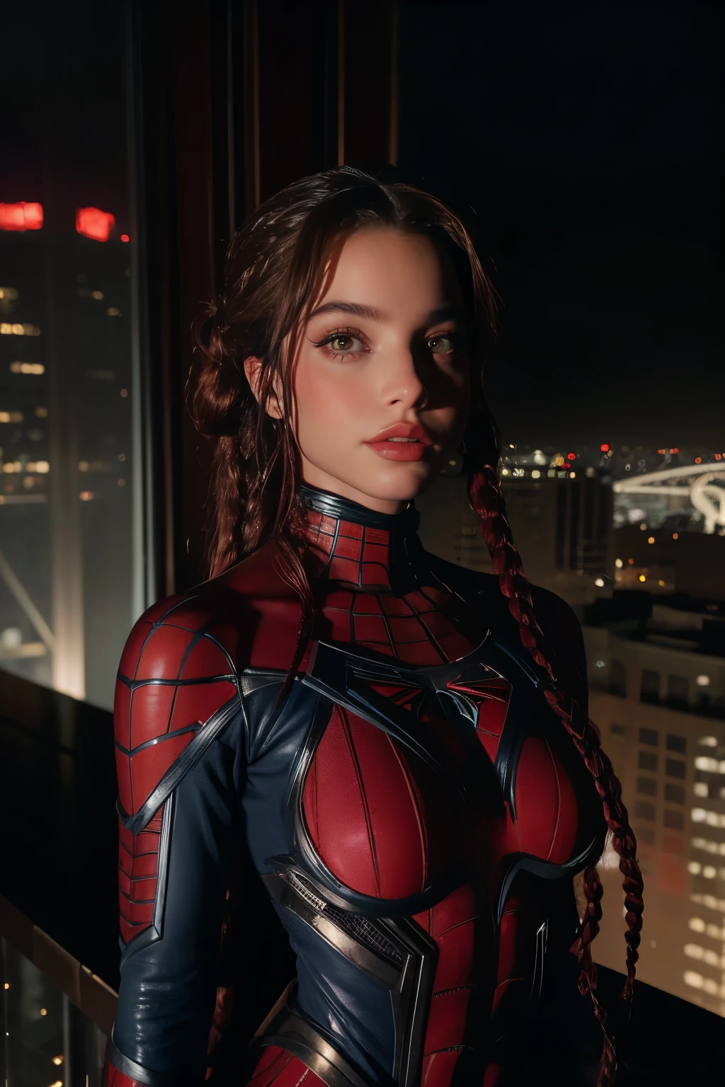 blue and red spider man suit. emilia mernes in metropolis, at night. in a super tall building, with superhero costume, spider woman emilia mernes, HD, 8k, cinematic, cinema light, HD, high quality. braids, brown hair