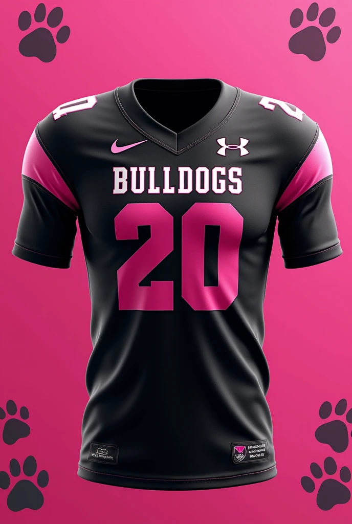 Black and pink flag football jersey, that says BULLDOGS and the number 20 on the front and that has dog paws