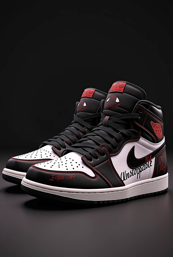 Design a pair of Air Jordan 1 mid sneakers inspired by Muzan from Demon Slayer. The sneakers should be dark and elegant, with a bold, menacing design. They feature subtle patterns resembling Muzan's signature hat and clothing, with a sleek black and white color scheme, accented by deep red highlights. Incorporate elements that symbolize Muzan's power and presence, such as a stylized representation of his eyes or the blood demon art. The word 'Unstoppable' should be written in a sharp, gothic font running diagonally across the design, reflecting Muzan's formidable nature. The design should appeal to fans of Demon Slayer, blending modern sneaker aesthetics with the dark and commanding aura of Muzan.
