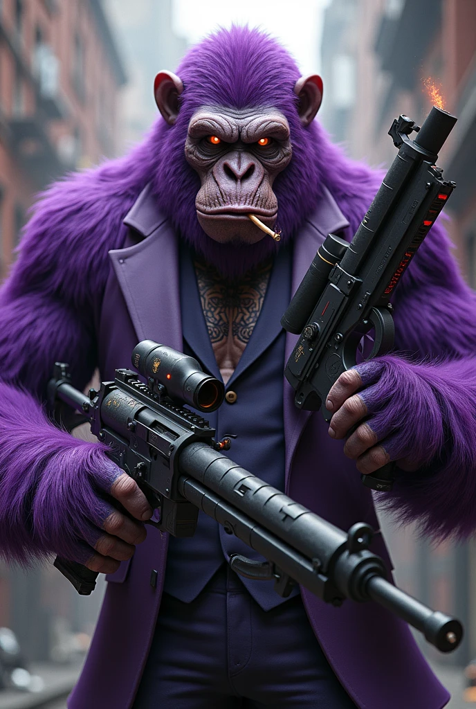 Purple Ape, with giant weapons, in gangster suit, tattooed and smoking