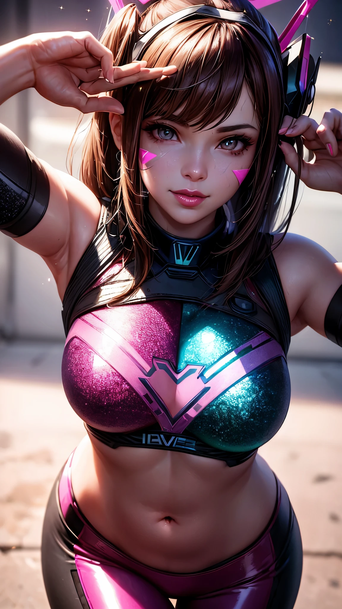 ((masterpiece)), Dva, Overwatch Dva, Dva headgear, Dva facepaint, brown hair, messy hair, heart-shaped pupils, amber eyes, seductive smile, cinematic lighting, sparkle, ray tracing, backlighting, drop shadow, pov, blurry foreground, from above, UHD, 4K, best quality, latex leggings, (((focus on lips))), ((face shot)), (((sparkly lips)))