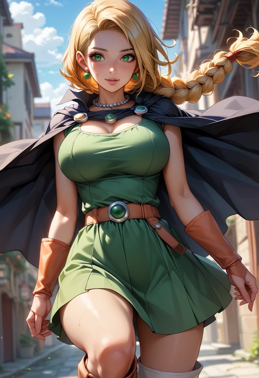 Perfect、Masterpiece、Professional illustrations、Perfect looks、Cinematic lighting、Detailed face, eyes and hair、Beauty、Alone、female、sauce_game、Bianca in Dragon Quest 5、Big Breasts、Large Breasts、Blonde、Long Hair、Braid、Emerald green dress、Orange Cape、boots、Silver necklace、Best Angle、Best Shot