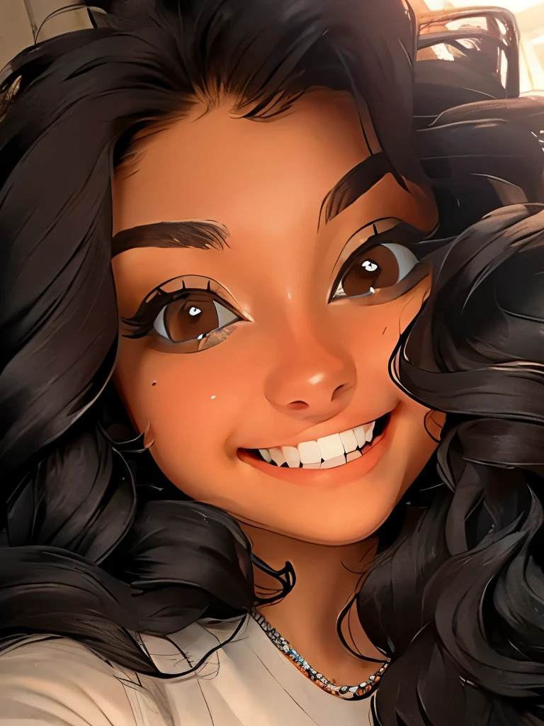 Ultra-detailed face, Detailed eyes, smiling. brown eyes, black wavy hair, one lady. Masterpiece.