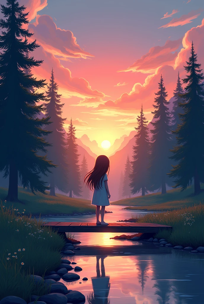 "A 2D digital art of a young girl standing on a small wooden bridge at sunset. She has long, flowing hair and is wearing a simple dress. The background features a calm river flowing through a forest with tall pine trees. The sky is painted in shades of orange, pink, and purple, reflecting on the water. The girl is looking at the horizon, with her back facing the viewer. The scene is detailed with simple shapes and thick outlines, giving it a clean and polished look suitable for beginners, yet appearing professional."