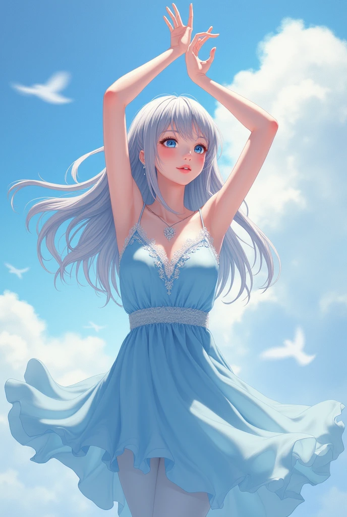 Woman in a light blue dress Sleeveless Long straight hair Hair color is silver Height is about 157cm Create a pose with both arms raised high。
Please make it in anime style.。
Please look at me and show me your armpits。