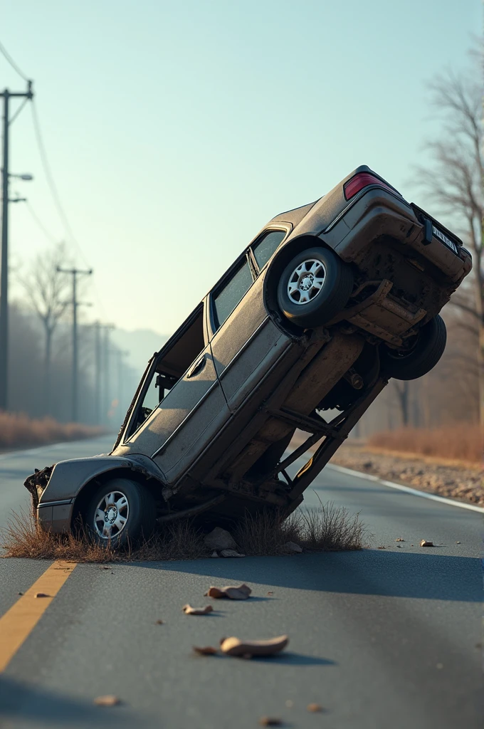 i want a car, which is destroyed, not that much, due to an accident, the road where the accident occured is empty with no one around, the door of the car are closed and the car is upside down , make it HD please