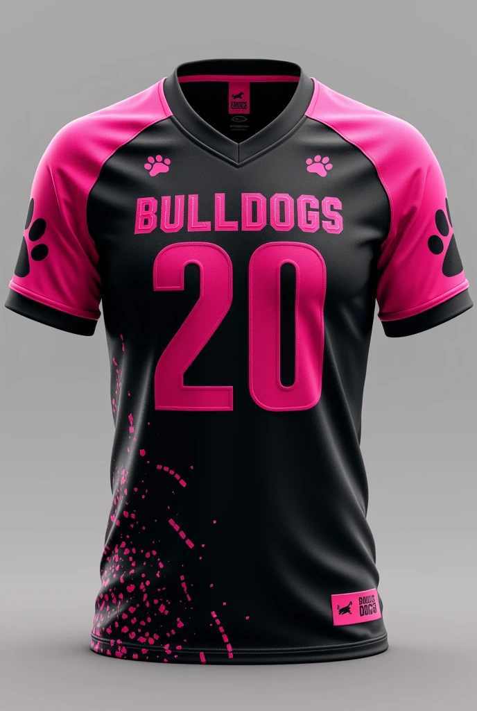 Black and pink flag football jersey, that says BULLDOGS and the number 20 on the front and that has dog paws and a print 