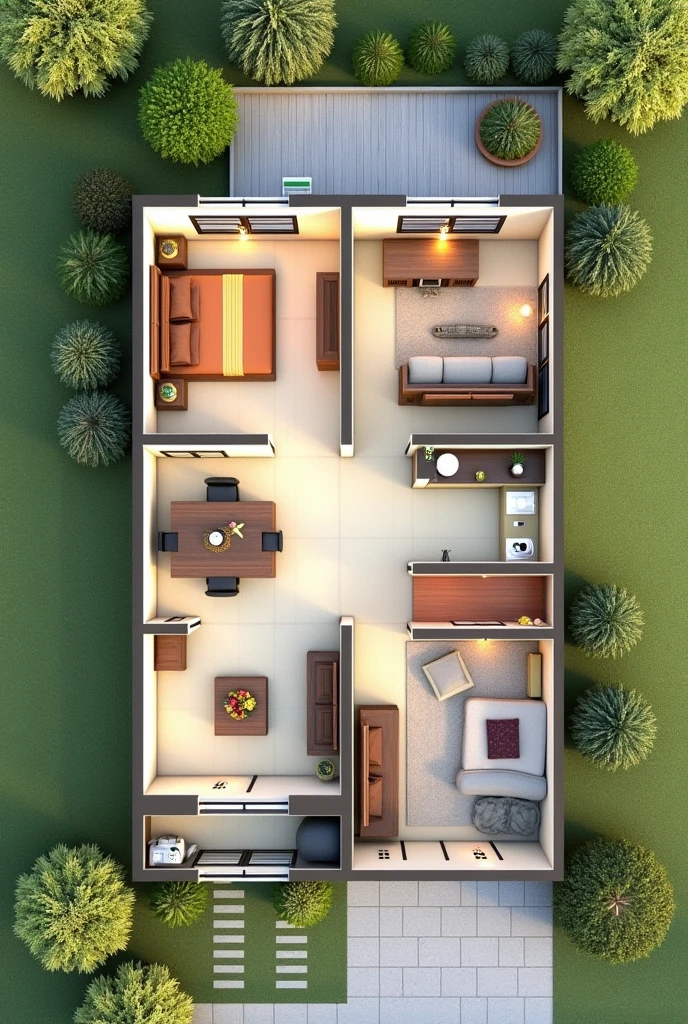 Make me a one-story house with two bedrooms, half bath, 1 full bathroom, living room, kitchen, green area and cleaning area