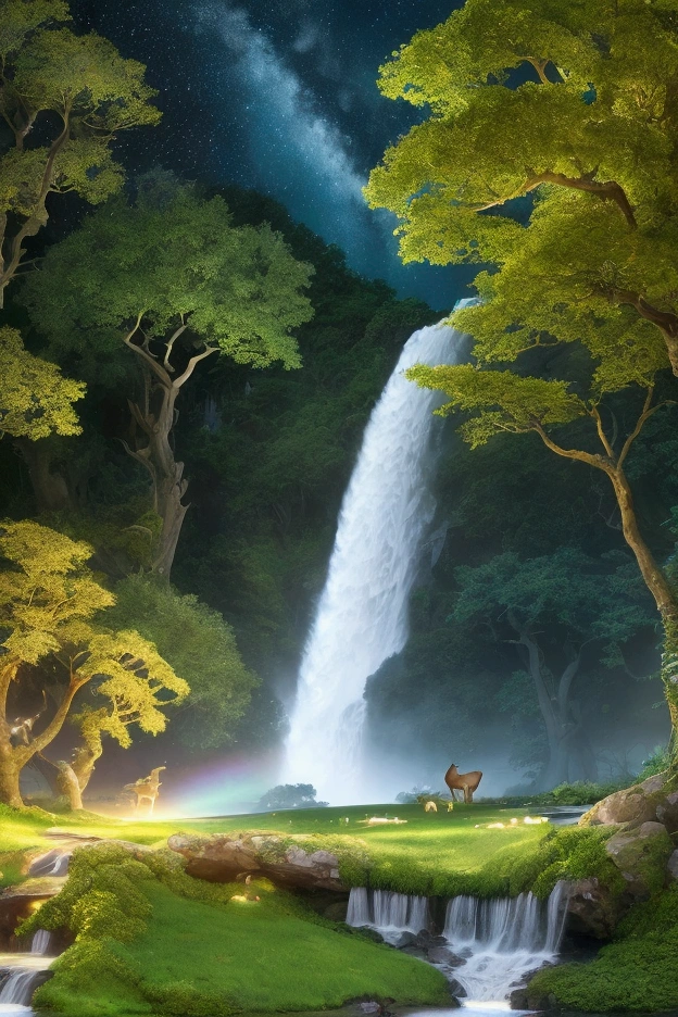 masterpiece, Best Quality, high quality, CG, 8k, scenery, evening, sky, clouds, No Man ,leafy forest, beautiful waterfall, rainbow, fantasy image, Firefly, Moonlight, Aurora, tree, black snake on tree, apple herd, elk, albino deer, white rabbit,