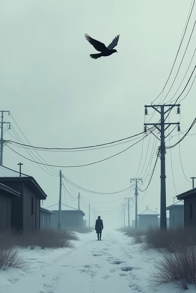 a desolate landscape of snow and grey sky, dark one-story buildings, electricity poles and cables and,
as the only vestige of life, a black bird in flight.
