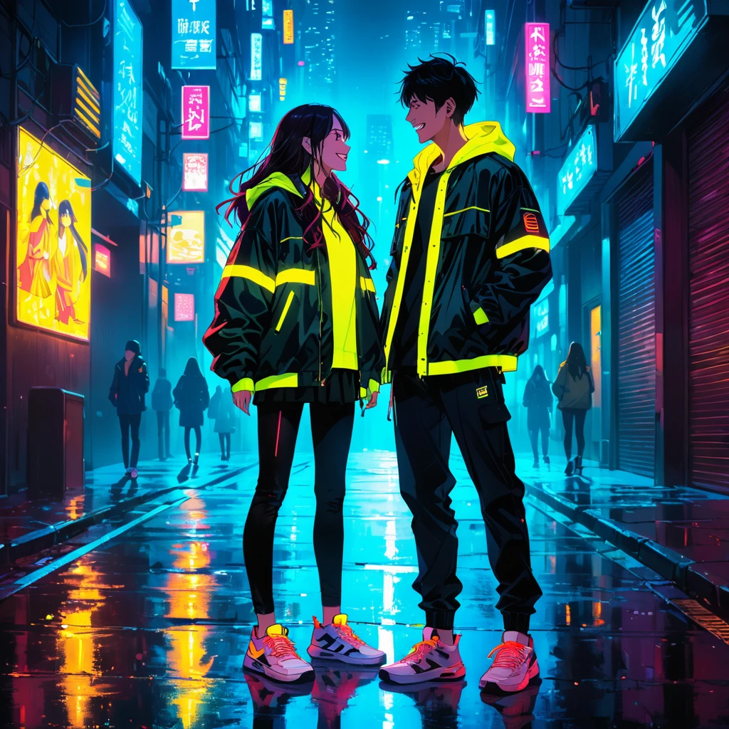 "An anime-style illustration of a man and a woman in darkness. The man is laughing, and both are dressed in street-style jackets and sneakers. Their outfits feature red fluorescent colors that make them visible in the dark. The woman's full body and the man's full body are clearly shown, with glowing yellow accents on their jackets and sneakers to highlight them against the dark, urban background."dark, Draw the eyes properly High resolution, masterpiece, accurate, bestquality, High detail, high quality, Very detailed, dark,longhair