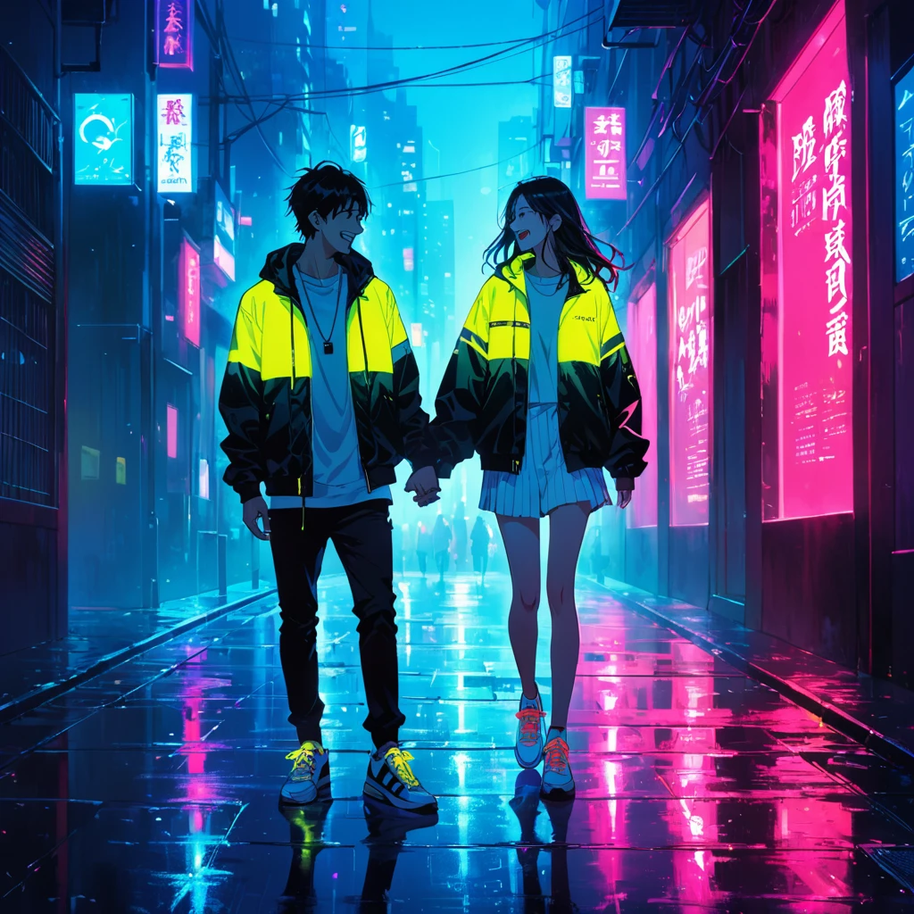 "An anime-style illustration of a man and a woman in darkness. The man is laughing, and both are dressed in street-style jackets and sneakers. Their outfits feature red fluorescent colors that make them visible in the dark. The woman's full body and the man's full body are clearly shown, with glowing yellow accents on their jackets and sneakers to highlight them against the dark, urban background."dark, Draw the eyes properly High resolution, masterpiece, accurate, bestquality, High detail, high quality, Very detailed, dark,longhair