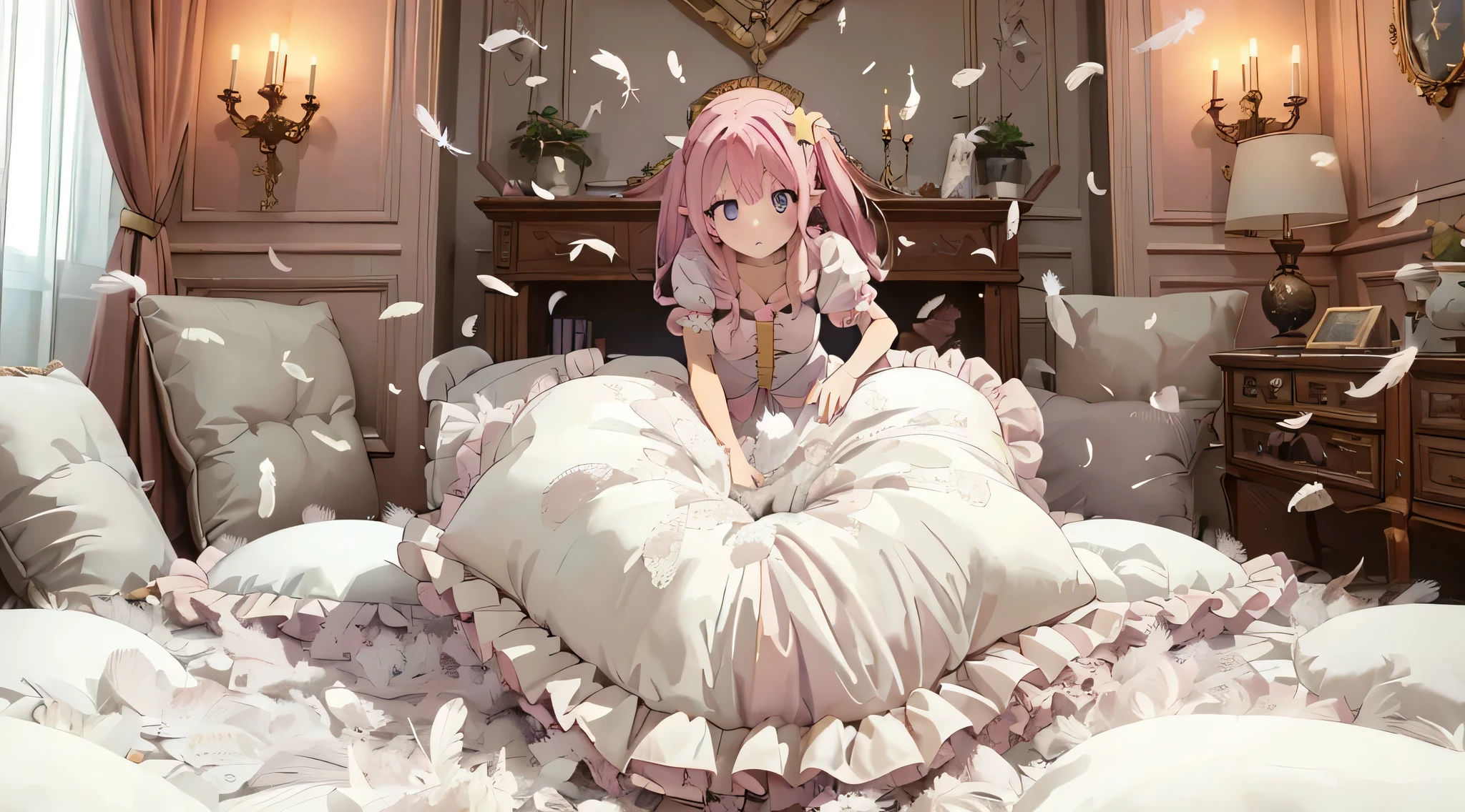 (best quality， masterpiece) , details, (Light and shadow oxtail) , Cute girl posing on pillow ，Pillow, Upholstered，Soft pillow，（Pillow），The love surrounding the protagonist，steam，(Luxury Pillow），（Gorgeous pattern pillow），luxurious pillow, standing,（Love around the protagonist），（pillow）, long hair, frilled pillow , ((pink pillow))  , 1 pillow, standing on a top of pillow, on pillow, big pillow, fluffy pillow, pillow damage, stomping pillow, stonping, pillow on floor, stepping on pillow, posing on top pillow, full body, pillow on floor, (((pink hair))), hatsune (princess connect), (((feathers))), pillow destroy, ripping pillow, tearing pillow in half, feathers everywhere, cotton, stuffing pillow, purple eyes, hair rings, star hair ornament, pointy ears