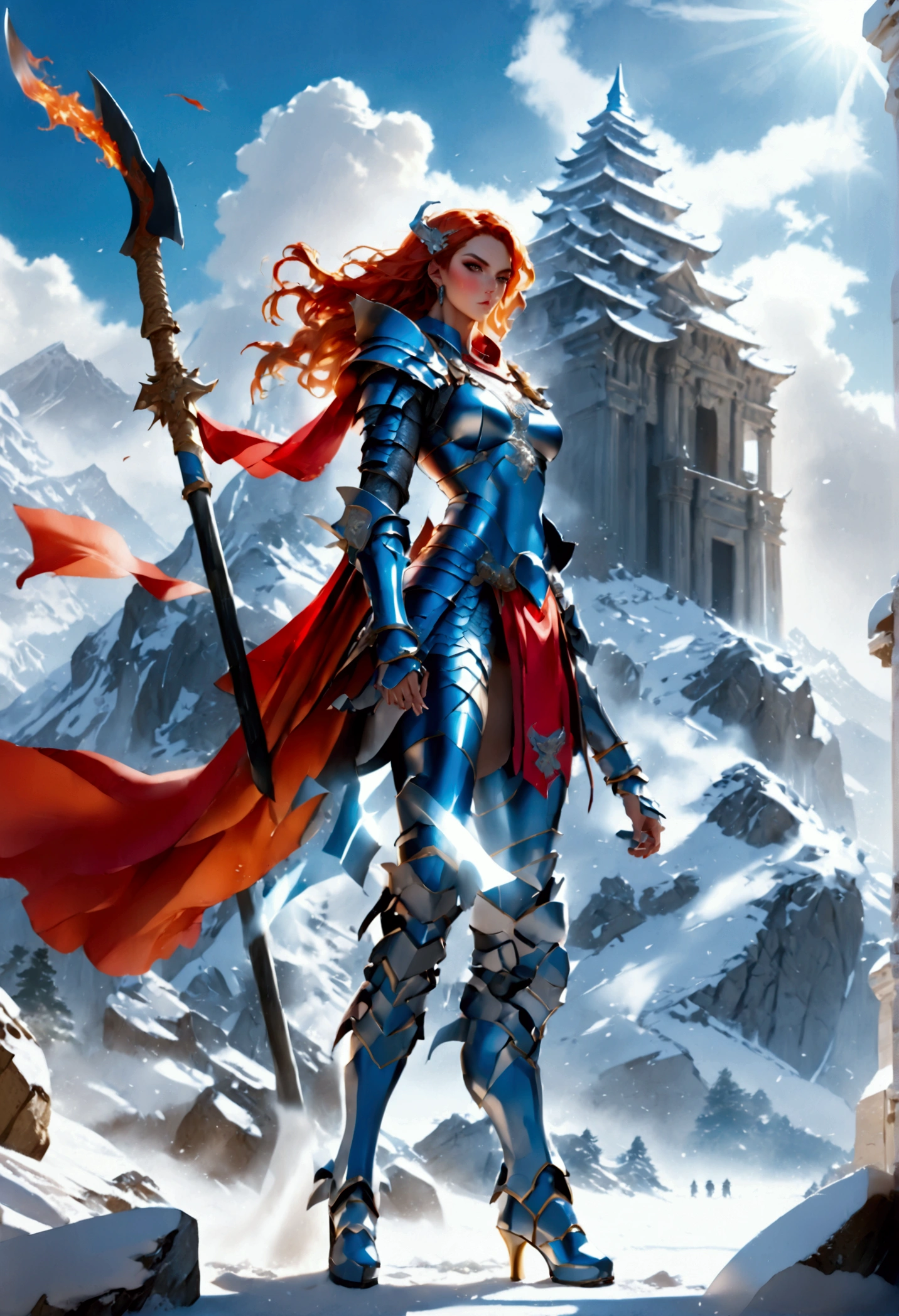 a fantasy art illustration of a female giant knight armed with a ((mighty battleaxe: 1.5)) standing at the temple gates built on snowy mountain, (((she is as tall as the mountain: 1.3))) a wild beautiful, exotic beautiful giant knight, ((anatomically correct: 1.5), (ultra detailed face: 1.2), best detailed face, dynamic hair color, dynamic hair style, armed with a giant axe, shiny axe, its blade reflects the sunlight, studded with gems, wearing metal armor, dynamic armor color, wearing high heeled boots, standing near a fantasy temple, magnificent temple, with a tower, on snowy mountain (((she is as tall as the mountain:1.3))), vibrant, Hyperrealism style, vibrant, Ultra-high resolution, High Contrast, (masterpiece:1.5), highest quality, Best aesthetics), best details, best quality, highres, ultra wide angle, 16k, [ultra detailed], masterpiece, best quality, (extremely detailed) RAW, rpg portrait battleaxe