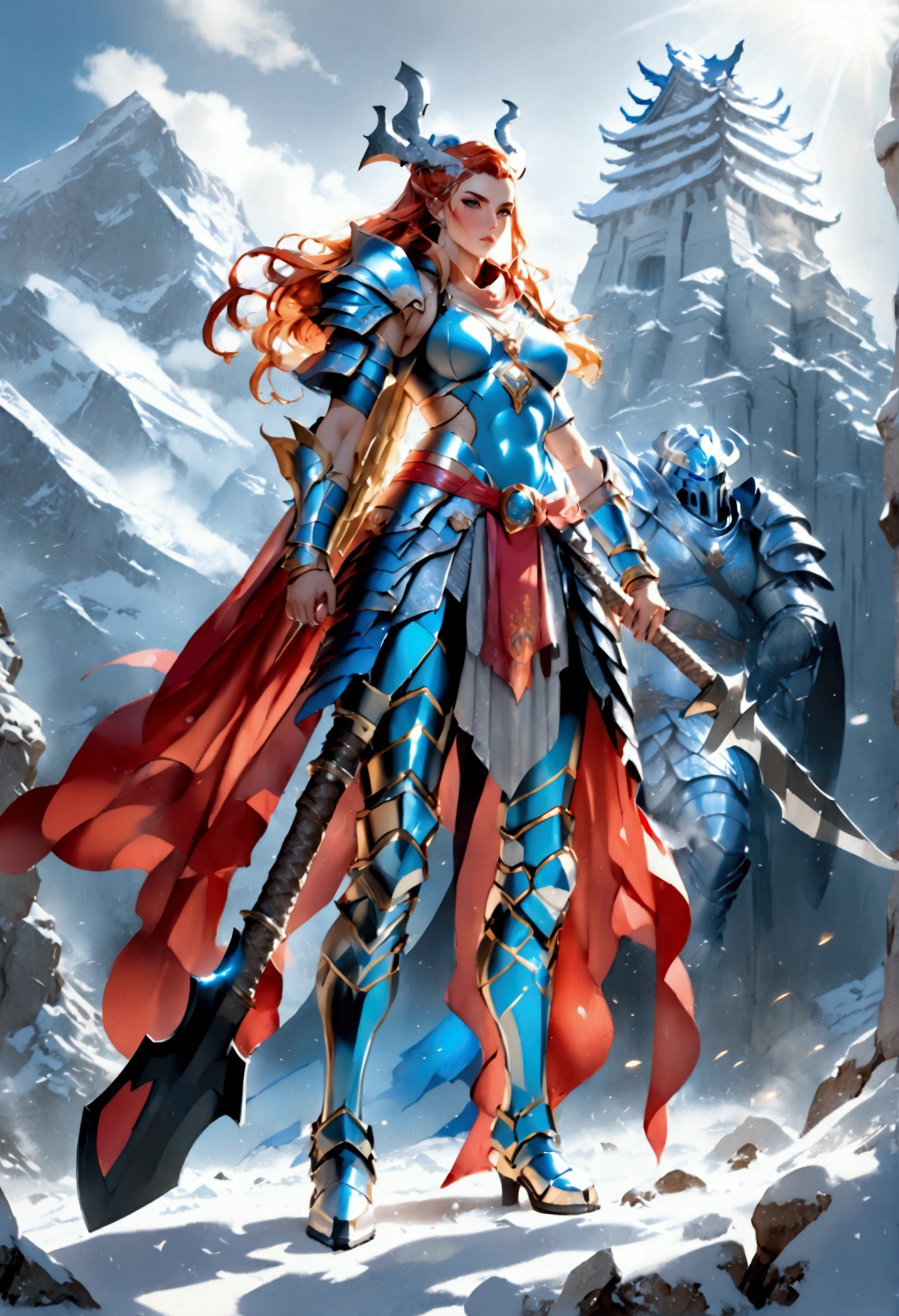 a fantasy art illustration of a female giant knight armed with a ((mighty battleaxe: 1.5)) standing at the temple gates built on snowy mountain, (((she is as tall as the mountain: 1.3))) a wild beautiful, exotic beautiful giant knight, ((anatomically correct: 1.5), (ultra detailed face: 1.2), best detailed face, dynamic hair color, dynamic hair style, armed with a giant axe, shiny axe, its blade reflects the sunlight, studded with gems, wearing metal armor, dynamic armor color, wearing high heeled boots, standing near a fantasy temple, magnificent temple, with a tower, on snowy mountain (((she is as tall as the mountain:1.3))), vibrant, Hyperrealism style, vibrant, Ultra-high resolution, High Contrast, (masterpiece:1.5), highest quality, Best aesthetics), best details, best quality, highres, ultra wide angle, 16k, [ultra detailed], masterpiece, best quality, (extremely detailed) RAW, rpg portrait battleaxe
