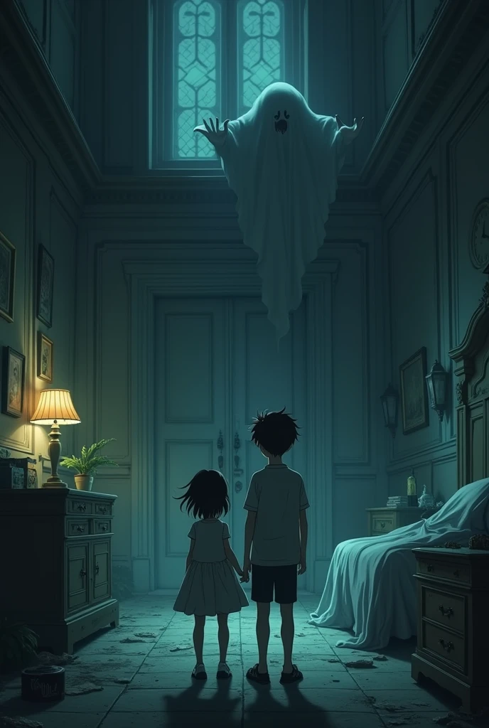 "Create an anime style video scene for a horror story set in 'Hotel Number 23.' The video begins with an eerie exterior shot of the old, Victorian-era hotel at night. The hotel appears dilapidated with dark, peeling paint and broken windows, surrounded by an overgrown yard. Dim, flickering lights from the upper windows add to the mysterious atmosphere as the camera slowly zooms in on the hotel.
Transition to the grand but decrepit hotel lobby, where dusty chandeliers hang from the ceiling and old, ornate furniture is scattered around. The camera pans across the lobby, highlighting the cracked mirrors and cobweb-covered corners. Flickering wall sconces provide minimal, unsettling light.
Next, move to an old, dusty hotel room featuring antique furniture covered in white sheets, a large creaky bed, and a dusty mirror. The camera moves through the room, capturing the moonlight filtering through tattered curtains and casting eerie shadows.
Introduce a scary event in a dimly lit hotel corridor. Strange shadows or ghostly apparitions appear, with peeling wallpaper and slightly ajar doors adding to the tension. The camera follows the movement of the shadows and the flickering lightbulb, creating a tense and unsettling atmosphere.
Finally, focus on the boy and girl, the main characters, in the dark, dusty hotel hallway. Their terrified expressions and body language are central as they cling to each other, with the eerie ambiance of the hotel enhancing their fear and determination. The scene captures the intense and haunting mood of the story."