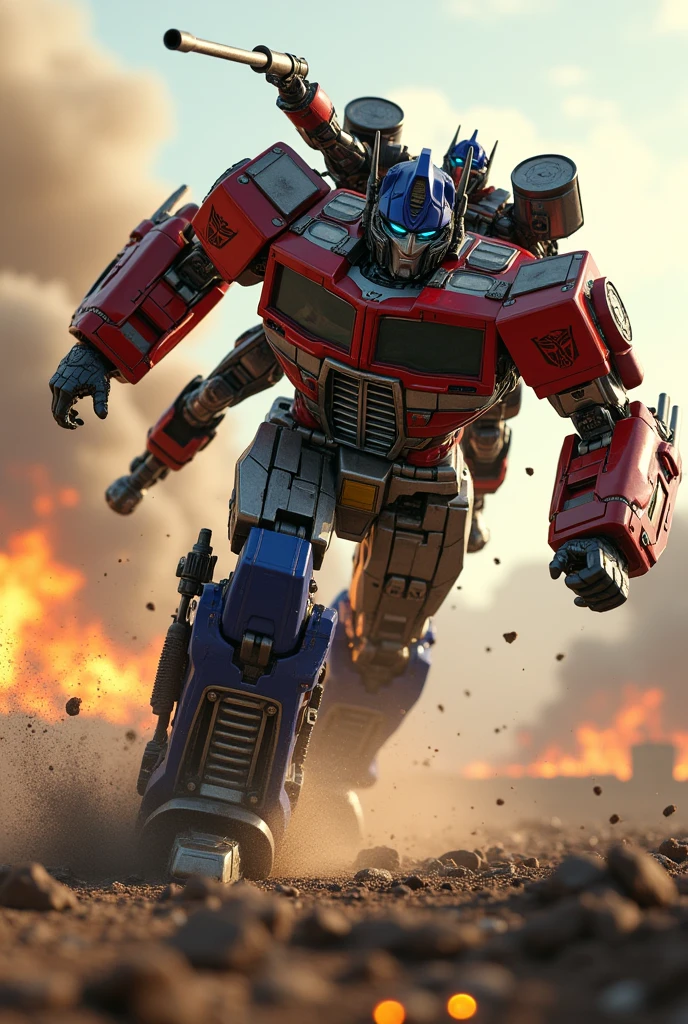 a highly detailed and realistic Optimus Prime robot. Hulk buster, extremely dynamic and energetic pose, running and jumping through a war-torn battlefield, firing a bazooka. Big on his back engaged in an intense battle with Megatron, cinematic tilt-shift photography effect, hyper-detailed, 8k, photorealistic, dramatic lighting, vivid colors, industrial sci-fi, best quality. Very epic. Ashes everywhere. Ember. Michael bay. Travis knight. Hasbro. Takara tomy