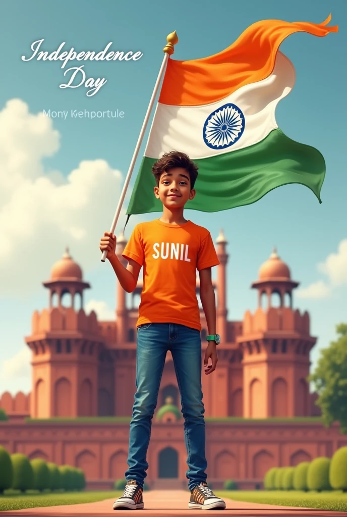  A real 18 years old boy, Wearing Orange  T shirt blue jeans sneakers and the name
“SUNIL” is written on his  t-shirt and the boy is standing on the road with holding a national flag of India, and behind him is the Red Fort Delhi. And written on sky “Independence Day” Create Realistic
Image high quality

