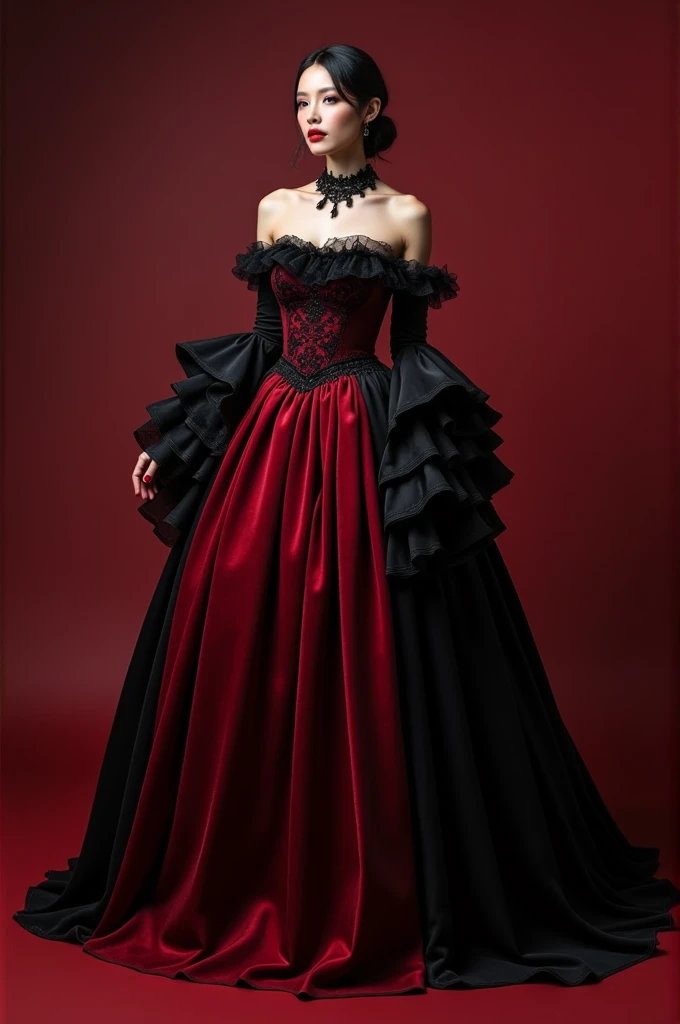 Vampire style dress in red and black colors, with volume in the skirt, off shoulder and sleeves reaching to the elbows with ruffles