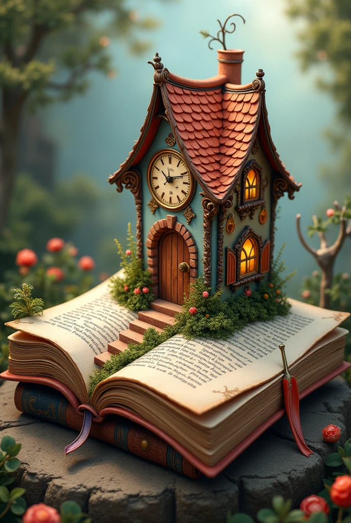 House on a book with a clock on the side and a book and ink