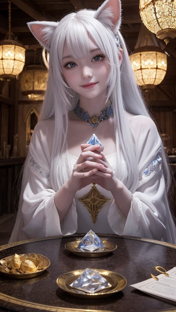(masterpiece, highest quality, highest quality, official art, beautiful and aesthetic: 1.2), (one girl: 1.3), wavy long hair, white hair, Cat ears on the head,highly detailed portrait, highly detailed hands, looking at the viewer, alone, (whole body: 0.6), detailed background, close, shining eyes, (cold arctic winter theme: 1.1), fortune teller, Charlatan, grin, Mysterious, sitting at the table, カラフルな肩のないゆるいジプシーfortune tellerの服, holy grail, tarot cards, Crystal jade, Medieval (inner tent: 1.1) background, tent curtain on background, dark Mysterious lighting, Shadow, magical atmosphere, starry night, dutch angle, healing and guidance, transcendental beauty, fractal art, Seaweed,