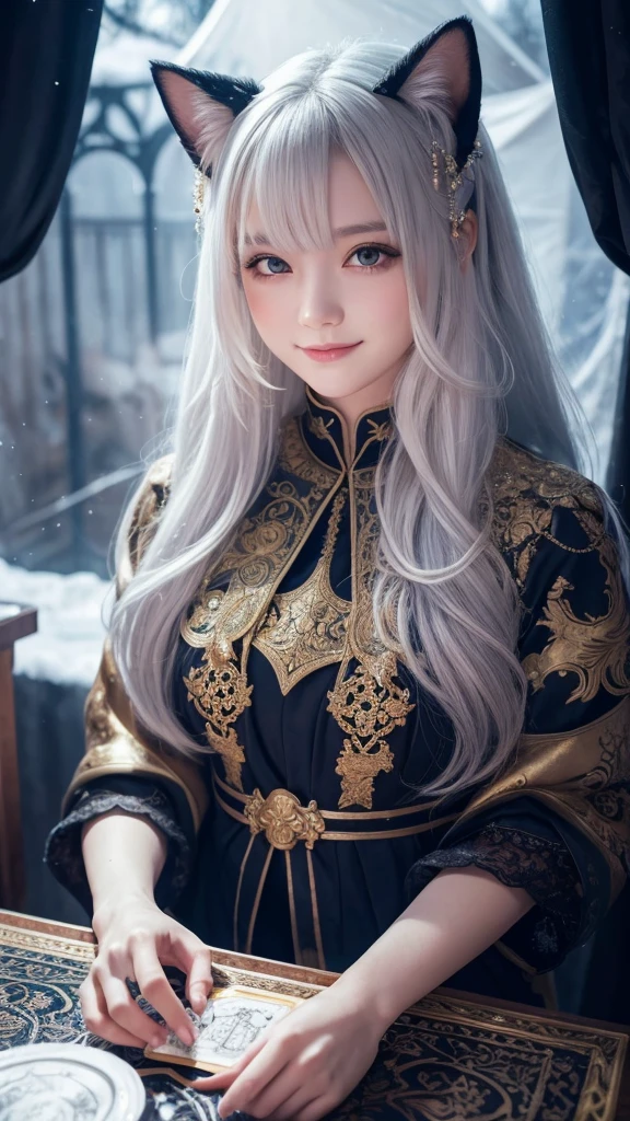 
(masterpiece, highest quality, highest quality, official art, beautiful and aesthetic: 1.2), (one girl: 1.3), wavy long hair, white hair, Cat ears on the head,highly detailed portrait, highly detailed hands, looking at the viewer, alone, (whole body: 0.6), detailed background, close, shining eyes, (cold arctic winter theme: 1.1), fortune teller, Charlatan, grin, Mysterious, sitting at the table, カラフルな肩のないゆるいジプシーfortune tellerの服, holy grail, tarot cards, Crystal jade, Medieval (inner tent: 1.1) background, tent curtain on background, dark Mysterious lighting, Shadow, magical atmosphere, starry night, dutch angle, healing and guidance, transcendental beauty, fractal art, Seaweed,