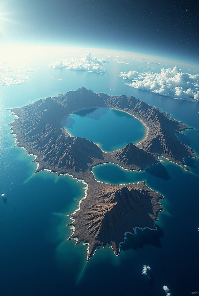 Space View, planet full of water divided by a mountainous land line with peaks and volcanoes, and in the center of the sea a round continent with four islands around it