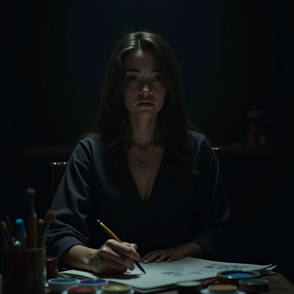 female, disappointed, in the room, at midnight, expressionless, dark atmosphere, gradient black background, with painting and writing tools