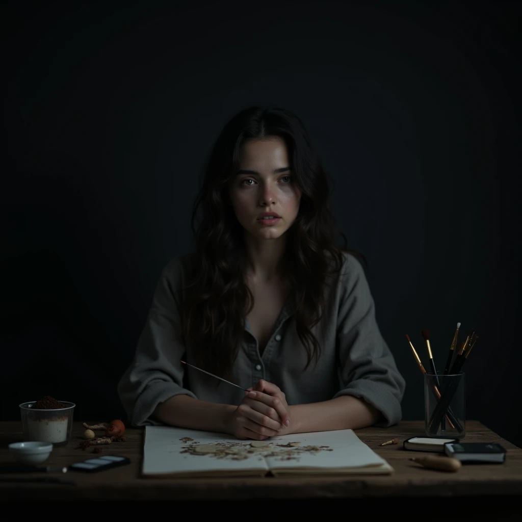 female, disappointed, in the room, at midnight, expressionless, dark atmosphere, gradient black background, with painting and writing tools