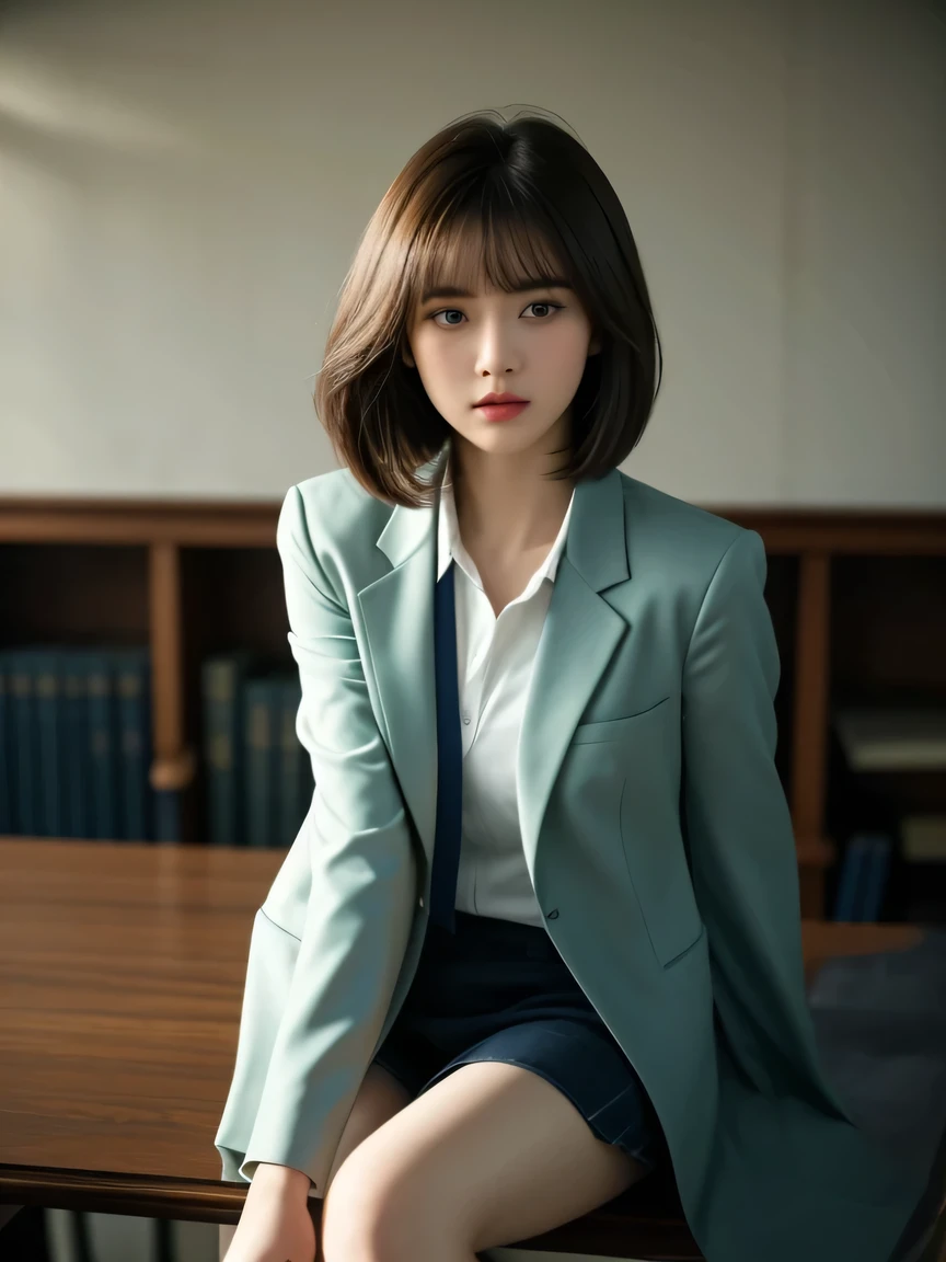 1 girl, a stunningly beautiful -yeld, s short Hair, glamorous figure, busty, wearing a white collared shirt of long sleeves under the Dark green jacket, plain Dark blue tie, hyper cute face, girly, glossy lips, double eyelids in both eyes, natural, long eyelashes, shiny smooth light brown hair, asymmetrical bangs, fair skin, (Many students in the background:1.2), central image, high resolution, high detail, detailed hairstyle, detailed face, Junior hi library, spectacular cinematic lighting, octane rendering, vibrant, hyper realistic, perfect limbs, perfect anatomy,