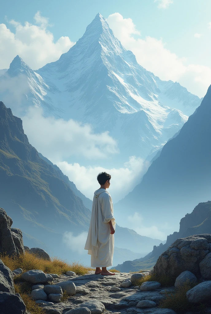 Kalyug Mountain And a boy standing in white clothes