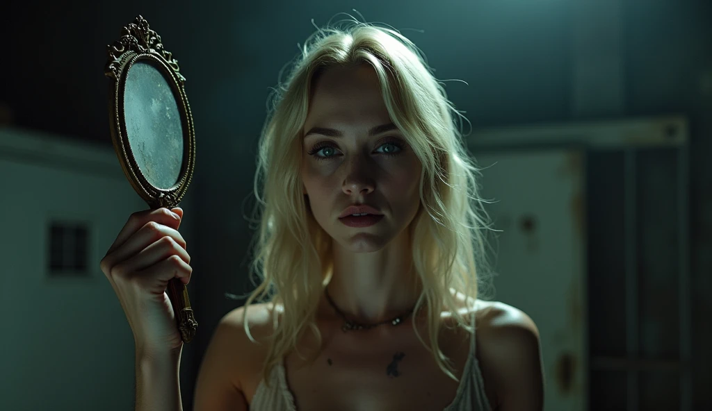 Best quality,1 Girl，(32 years old,blonde hair,),Eyes sparkling,(Holding an antique mirror),(Evil smile:1.3),whole body, Sexy body,White skin,Pale skin,Chest,(whole body:1.3),(crazy:1.3),in yard sale:1.3),night),(Dynamic Angle:1.8),Dynamic poses,Long Shot,landscape,[fear:2.0],Dynamic Angle