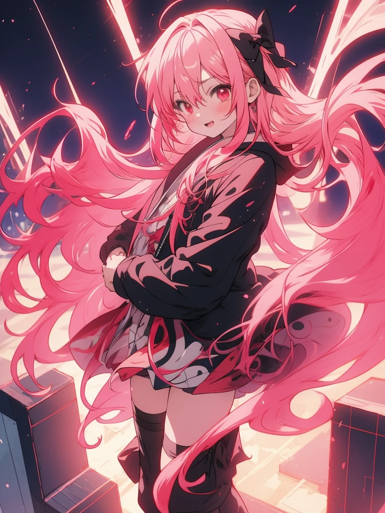 anime girl with long pink hair and red eyes standing in front of a city, best anime 4k konachan wallpaper, anime style 4 k, badass anime 8 k, 4k anime wallpaper, anime wallpaper 4 k, anime wallpaper 4k, anime art wallpaper 8 k, anime art wallpaper 4k, anime art wallpaper 4 k, anime vibes