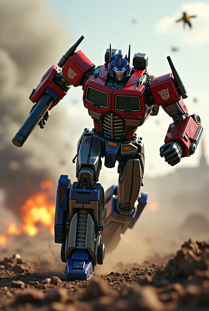 a highly detailed and realistic Optimus Prime robot, extremely dynamic and energetic pose, running and jumping through a war-torn battlefield, firing a bazooka, Bumblebee on his back engaged in an intense battle with Megatron, cinematic tilt-shift photography effect, hyper-detailed, 8k, photorealistic, dramatic lighting, vivid colors, industrial sci-fi, best quality. Very epic. Ashes everywhere. Ember. Michael bay. Travis knight. West Anderson.. Hasbro. Takara tomy