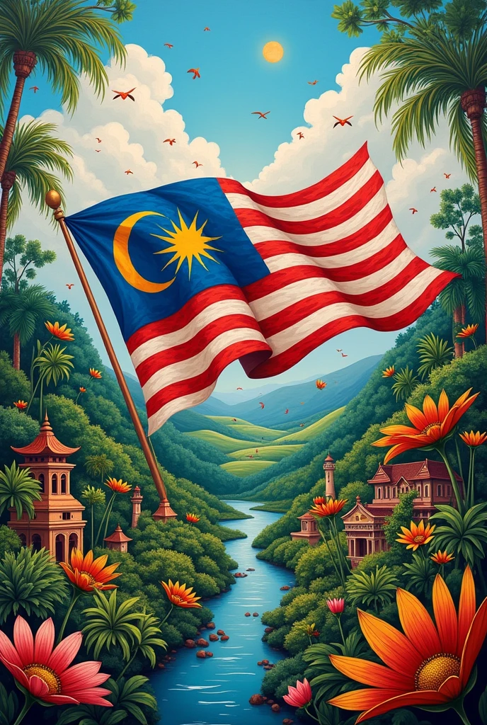 Malaysia's 67th Independence Day painting, contains the culture and beauty and uniqueness of the states of Malaysia and contains a large title "malaysia madani jiwa merdeka"