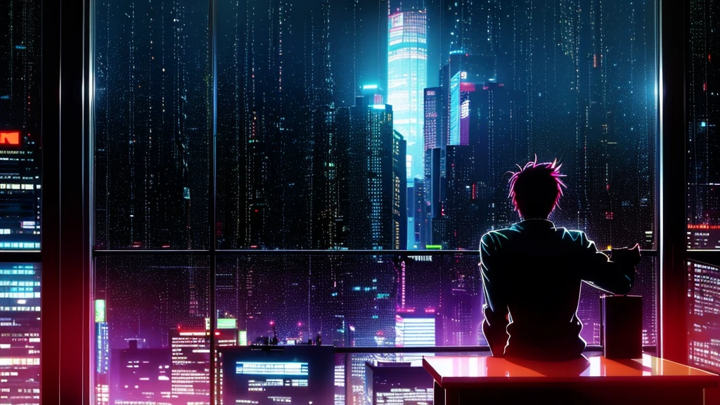 Big Cyberpunk bedroom apartment, big window overlooking a cyberpunk city at night, raining, Cyberpunk guy Sitting at desk window silhouette