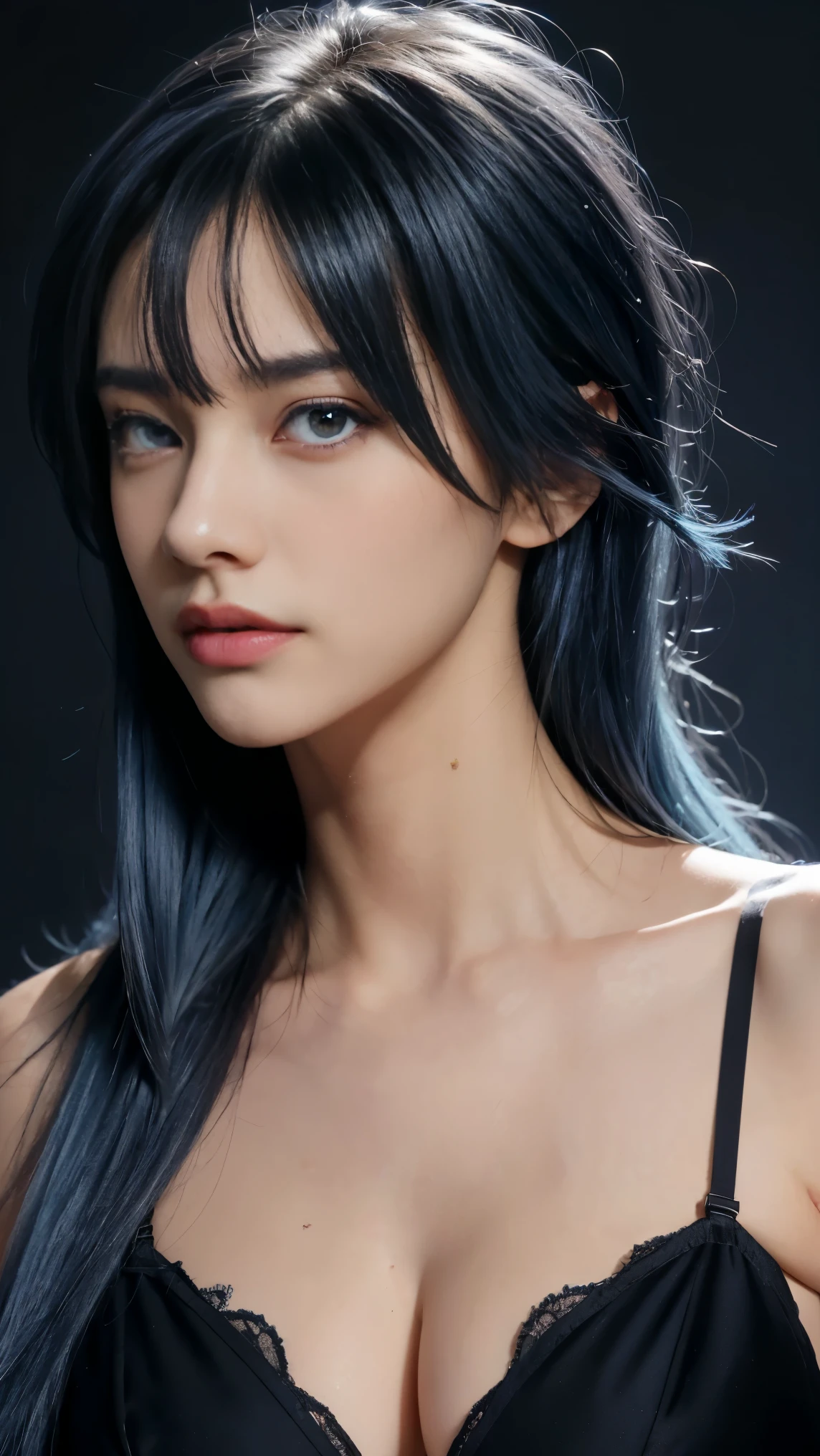 8K, Top Quality, Intricate Details, Ultra Detail, Ultra High Resolution, Masterpiece, close up shot, (full body: 1.1), ((close up shot, face shot, close up shot, portrait, face shot, passport shot, very close up shot, )) (()), Slender, Smile, (Makeup: 0.4), ), (Fluffy Eyes: 1.21), (((( )))), 1girl, solo, 1 girl, ((blue hair, blue hair, dark blue hair, (long hair), (bangs), bangs,,dark blue hair, blue hair , blue eyes, messy hair)), close up shot, , ((tall)), (((fit body))), (((slim face))), sharp face, (( micro bra)),(micro panties), ((black micro bra, micro bra)), (detailed face), sharp face, small lips, smile, smirk, (( walking pose, walk pose)), ,
((,)), , ((,)), detailed face, detailed breast, detailed breast, , ((large breast, huge breast, )), detail ass, Narrow Waist, Skinny, slim tall , 195 cm tall, Muscular, Navel, Exposed Abdomen, Pointed Chest,, Beautiful girl with accentuated slender abs: 1.4, Six Pack Abs: 1.4, Bust Botox, Big, Perfect Body, detail leg, (( dark background)), black background,