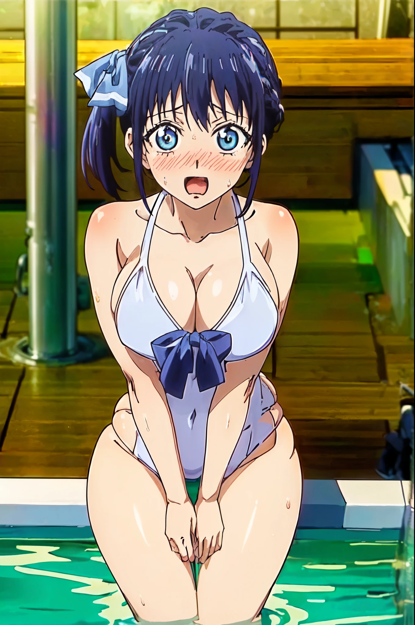 ((((masterpiece、Highest quality、High resolution)、anime)))、Navy Blue Hair、Big breasted beautiful、(Dynamic pose)、looking at the camera、(Beautiful detailed face、Beautiful big eyes)、((One beautiful person))、Good sensitivity、((Sexy pose))、((Embarrassed face))、Red cheeks、Open Mouth、Spread your legs、Wearing a white swimsuit、Play in the indoor pool