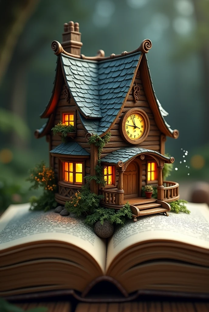 A house on a book with a clock on the side