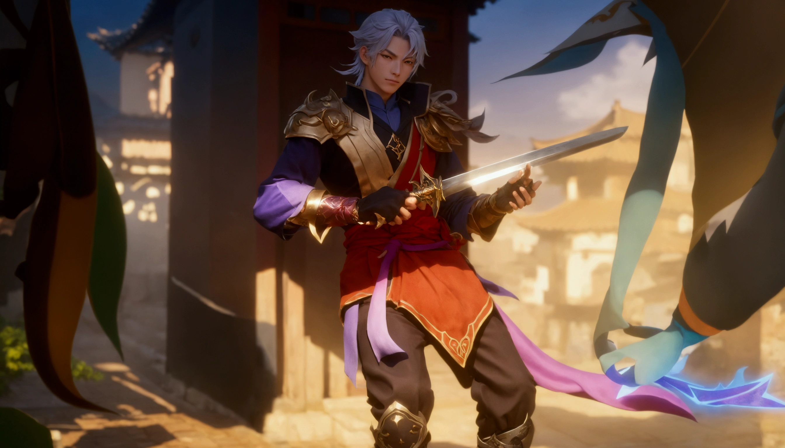 a close up of a person holding a sword near a building, zhongli from genshin impact, keqing from genshin impact, inspired in kris from deltarrune, casimir art, skinny male fantasy alchemist, sakimichan frank franzzeta, heise jinyao, astri lohne, skinny male mage, zenra taliyah