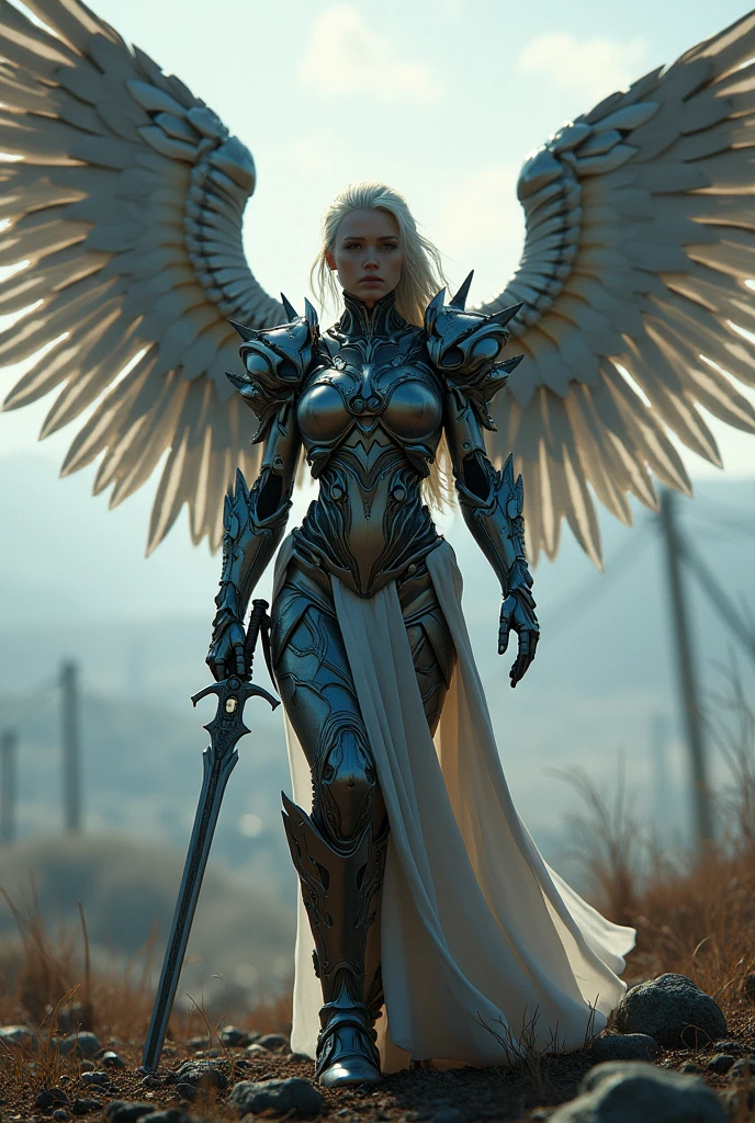 archangel lucifer,war effect,REAL - style image of a woman with a sword in a field, cyberpunk art inspired by Leng Mei, cgsociety contest winner, fantasy art, beautiful cyborg angel girl, angel knight girl, as a mystical valkyrie, battle angel, angel in plastic armor, mechanized valkyrie girl, unreal engine 4k wallpaper, wraith from apex legends, epic angel wings