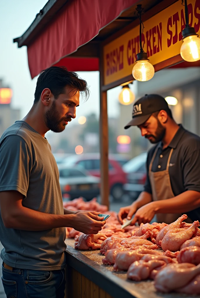 you'd picture Messi in casual attire . The stall, with a sign that reads "Bismi Chicken Stall," Messi, possibly holding some cash , is interacting with the vendor while considering his choices from the display of fresh chicken. The butcher is cutting chicken with a knife