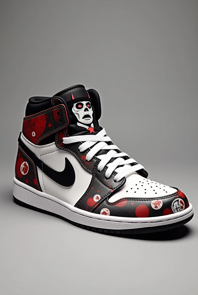 A white Air Jordan 1 Mid sneaker with a custom design inspired by Muzan Kibutsuji from 'Demon Slayer'. The design should feature stylized illustrations of Muzan in his iconic black and white outfit, along with elements like his fedora, red eyes, and the night sky filled with blood moons. Use a color palette dominated by black, white, and deep red to create a dark and menacing aesthetic. Integrate Muzan's powerful and eerie presence seamlessly into the sneaker's panels, covering the sides, tongue, and back, while maintaining a sleek and cohesive look that reflects his fearsome character.