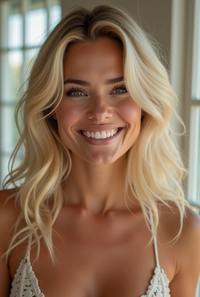 Margot Robbie's vagina with blonde hair, smiling