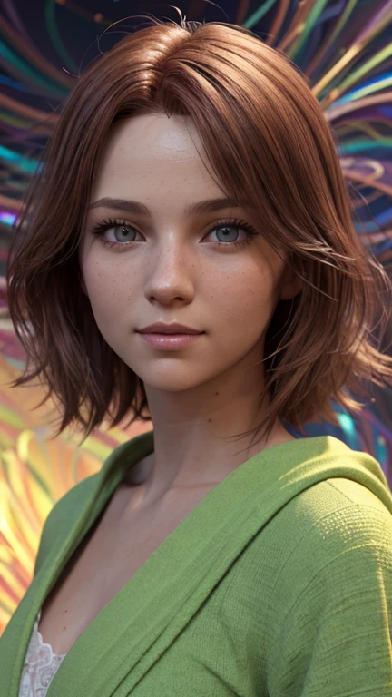 portrait, face, upper body, Close-up. Short, Red hair, green eyes, green, fluffy, soft robe, bust size twelve, smile, girl . (masterpiece, top quality, Best quality, official art, beautiful and aesthetically pleasing:1.2), extremely detailed,(fractal art:1.2),colorful,The most detailed, (dynamic pose), (abstract background:1.5), (Many colors:1.4). ((split. skin texture, Shiny skin. elegance. photorealism. unreal engine. 3D model. Ultra high quality textures. high detail. permission 8k))