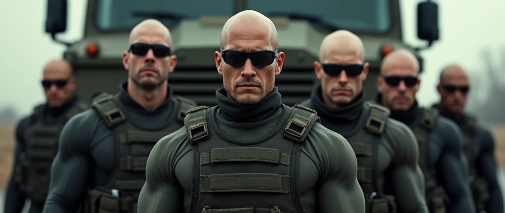4k ((best quality)), ((masterpiece)), (detailed), hd, realistic face very muscular bald male soldiers full body stand by military truck sunglass,