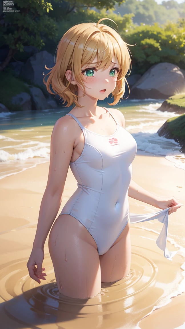 1girl, natural lighting, masterpiece, highly detailed, illustration, game CG, absurdres, high quality, kinomoto sakura, (18 year old girl), (medium breasts), beautiful detailed eyes, glossy lips, natural lighting, short fluffy blonde hair, messy hair, green eyes, swimsuit, tears in her eyes, upset, quicksand, partially submerged