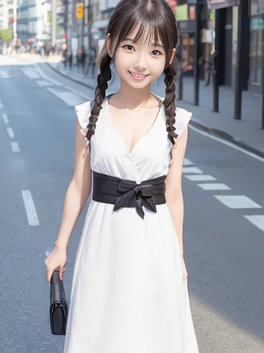 Japanese female, (underweight), (flat chest best quality:1.5), 30 years old, (cheerful grin:1.3),
famous tourist destination, delightful, walking, braids, (dress), (white background|black goo cloth,), Japanese, Happy Scene, (on the street), full body shot, from front, ground-level shot,